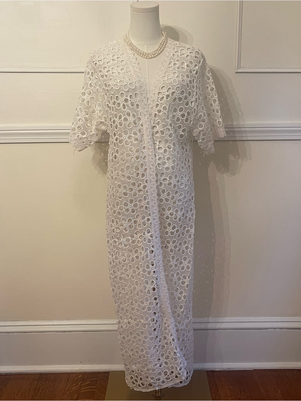 White Lace Beachy Cover Up Maxi Dress with Short Sleeves